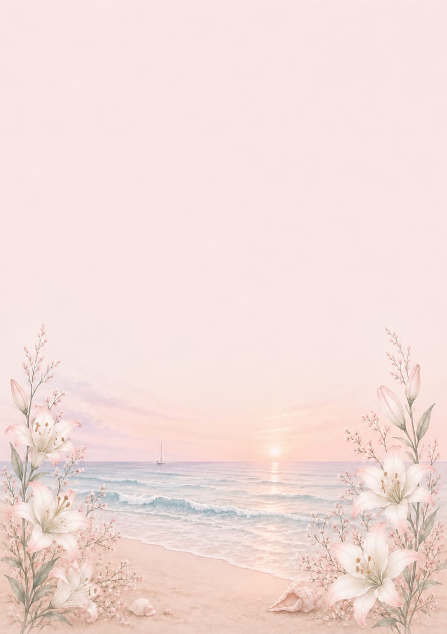 Blush beach sunset with lilies and shells